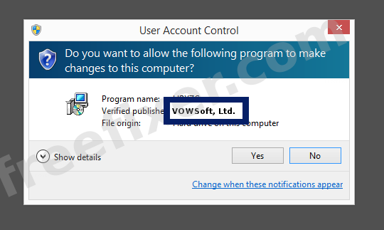 Screenshot where VOWSoft, Ltd. appears as the verified publisher in the UAC dialog